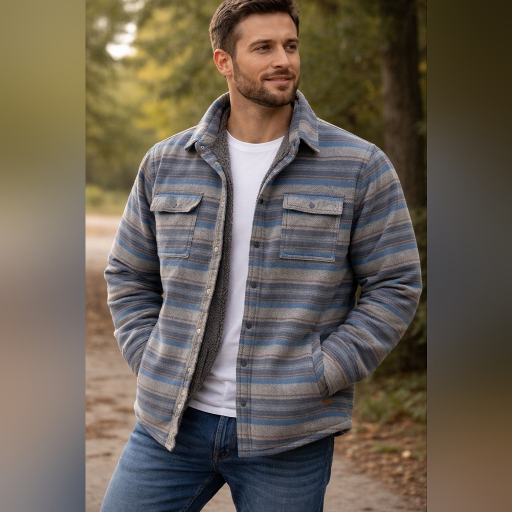 Voyager Men's Polar Fleece Striped Snap Button Down Sherpa Shirt Jacket